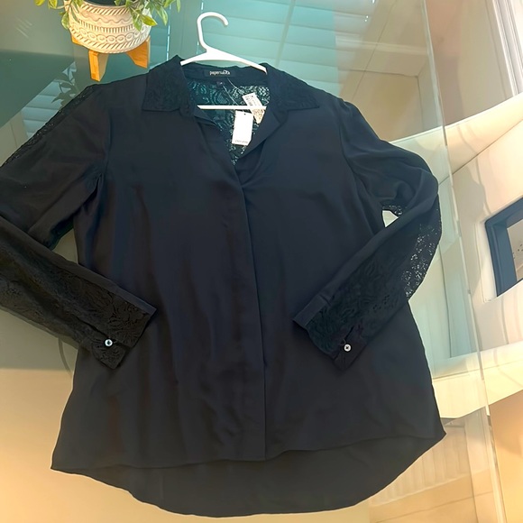 Paperwhite Black Flowy Silk Collared Blouse Sz 12 NWT Lace Chic NEW - Picture 9 of 16
